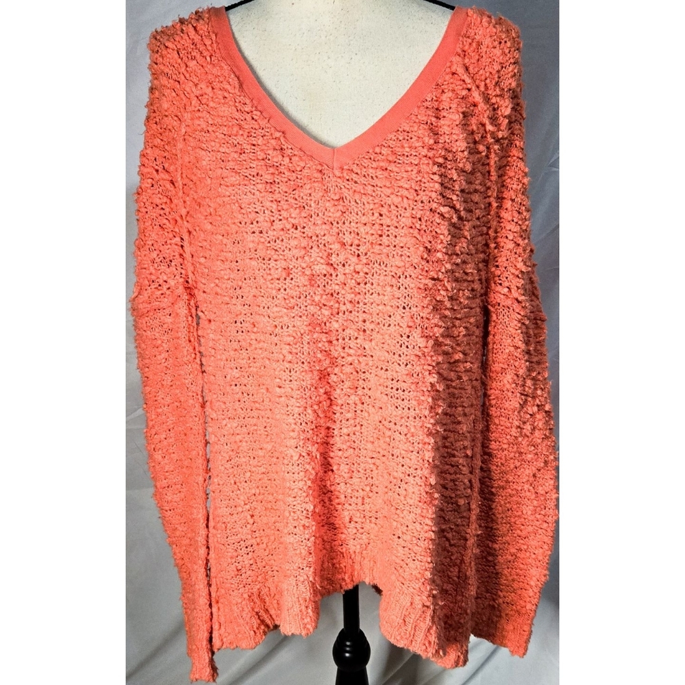 Free People Oversized Knit V Neck Sweater Coral Orange Bobble Fuzzy Textured